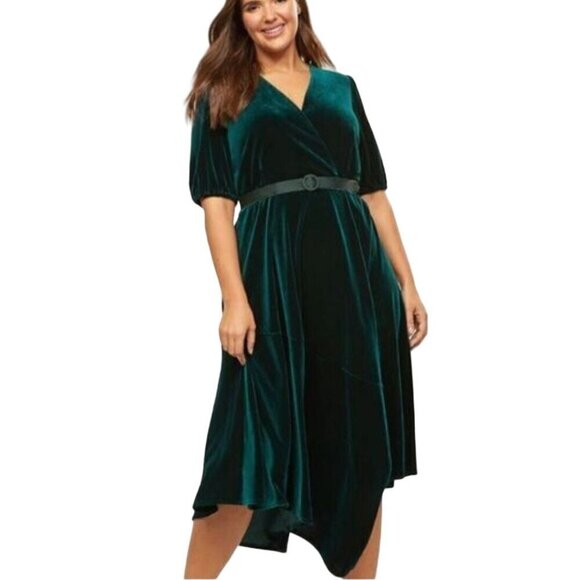 Lane Bryant Green Velvet Midi Faux Wrap Assymetric Dress Size 10/12 - Picture 1 of 6